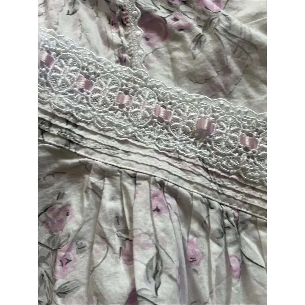 Eileen West White Pink Floral Print Nightgown Women’s Sz Small